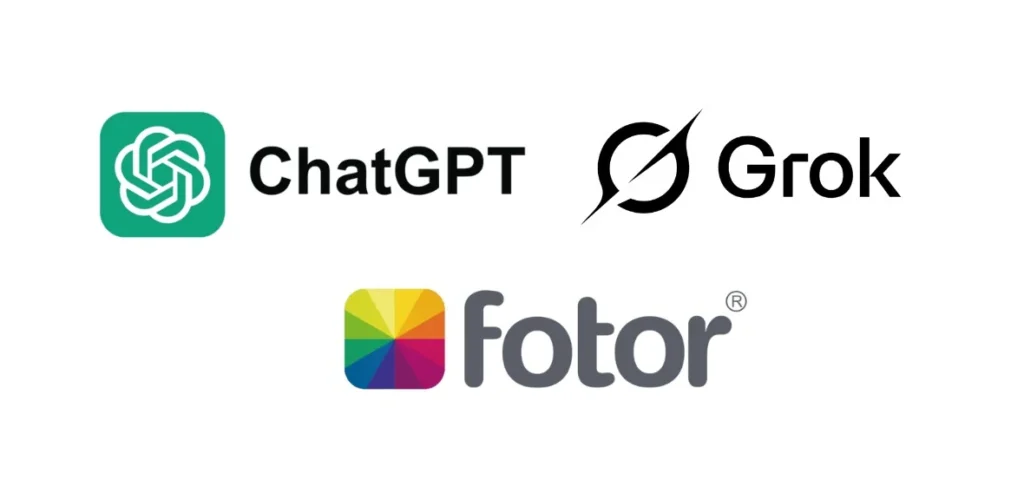 Logos of ChatGPT, Grok, and Fotor AI tools for Ghibli-style art creation.