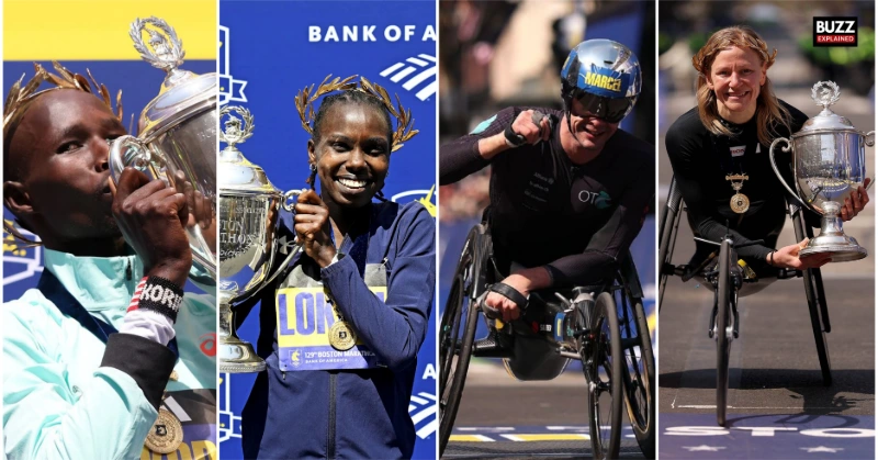 Boston Marathon 2025 champions, wheelchair and overall winners lifting trophies