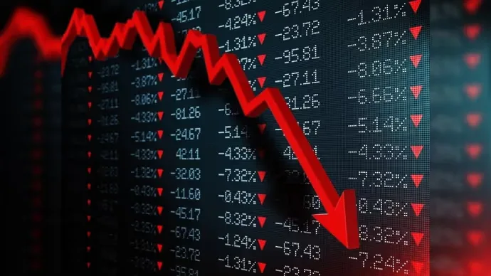 U.S. Stock Market Crash represented by a red downward trending arrow over stock prices with red downward-pointing triangles.