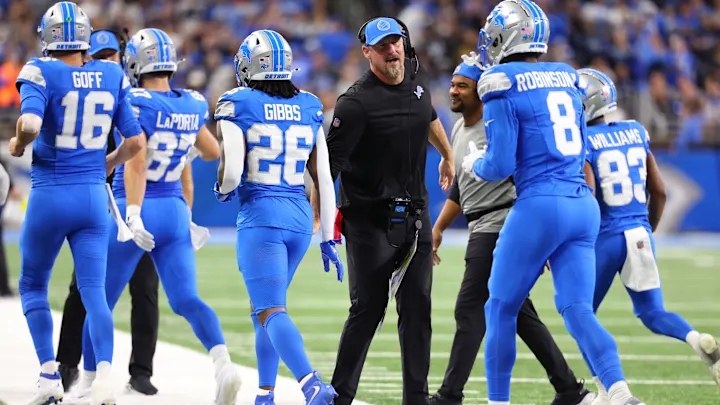Lions Schedule 2025: Detroit Lions players Goff, Gibbs, Robinson, and Williams on field.