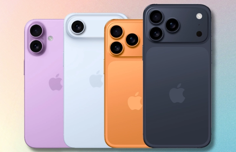 iPhone 17 devices in purple, white, orange, and black colors showcasing new camera design