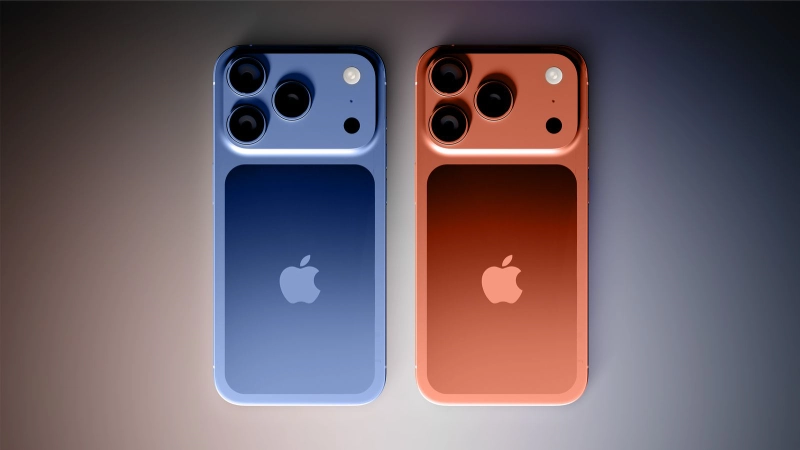 iPhone 17 models in blue and orange colors featuring advanced triple-camera system