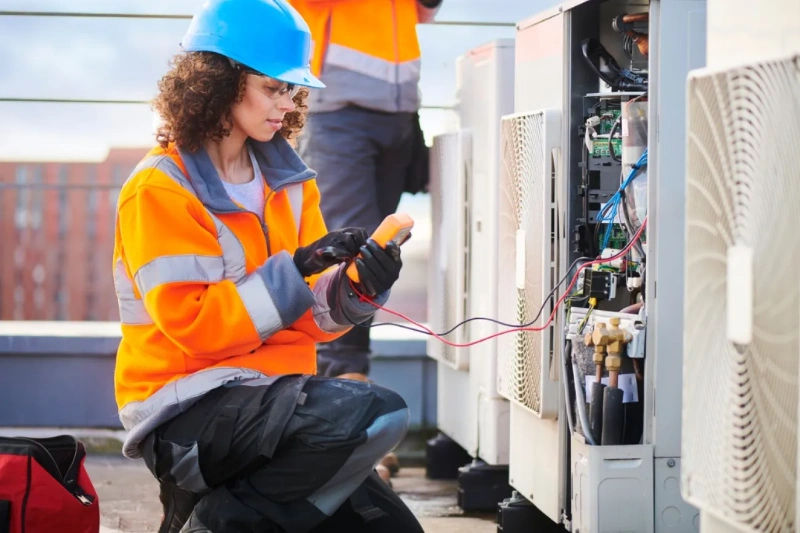 Female HVAC technician testing AC refrigerant with meter and wires, rooftop unit. - what refrigerant