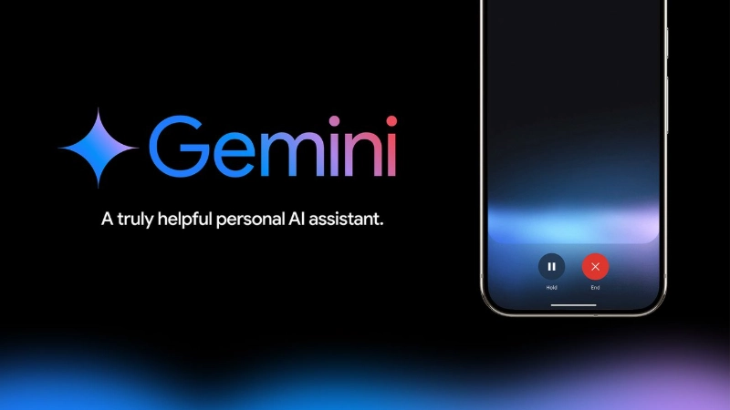 Gemini AI logo and tagline "A truly helpful personal AI assistant" next to a smartphone interface with a minimalist call screen, on a black background. Image Credits: Google