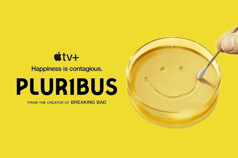 Pluribus Apple TV+ poster, smiley face in petri dish, tagline: Happiness is contagious, image credits: Apple TV