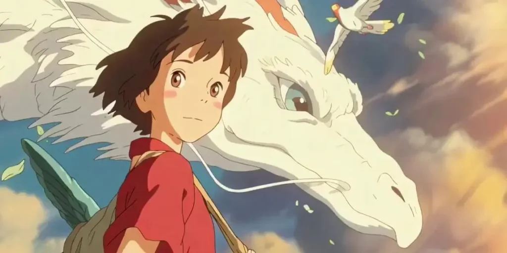 Studio Ghibli scene featuring a young character in a red shirt standing beside a majestic white dragon with flowing whiskers and a bird perched on its head.