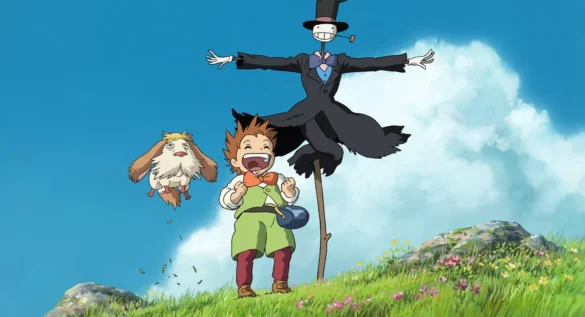 Animated scene with a joyful young person, a flying bird-like creature, and a dancing scarecrow figure in a grassy hill setting.
