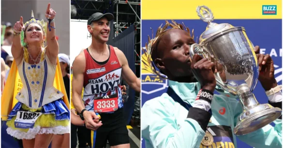 Boston Marathon 2025 runners in costumes, finisher, and champion with trophy