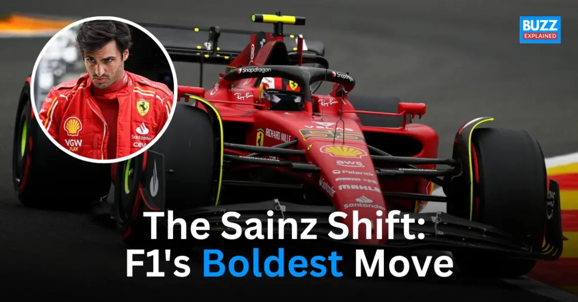 Carlos Sainz driving a Ferrari F1 car on the track, highlighting his transition to Williams in 2025.