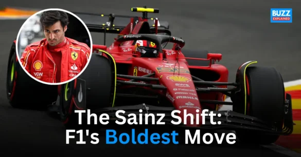 Carlos Sainz driving a Ferrari F1 car on the track, highlighting his transition to Williams in 2025.