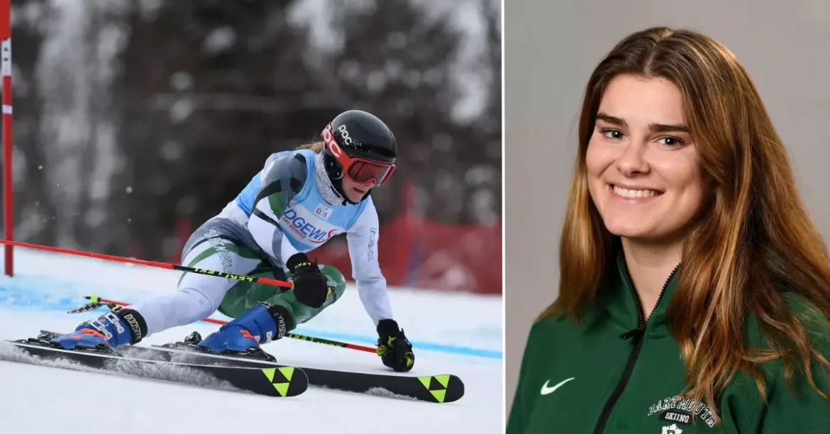 Ellery Curtis in a white and blue racing suit navigating a slalom course and an individual in a green jacket. Related to Ellery Curtis. Image Credits: Gil Talbot Photography