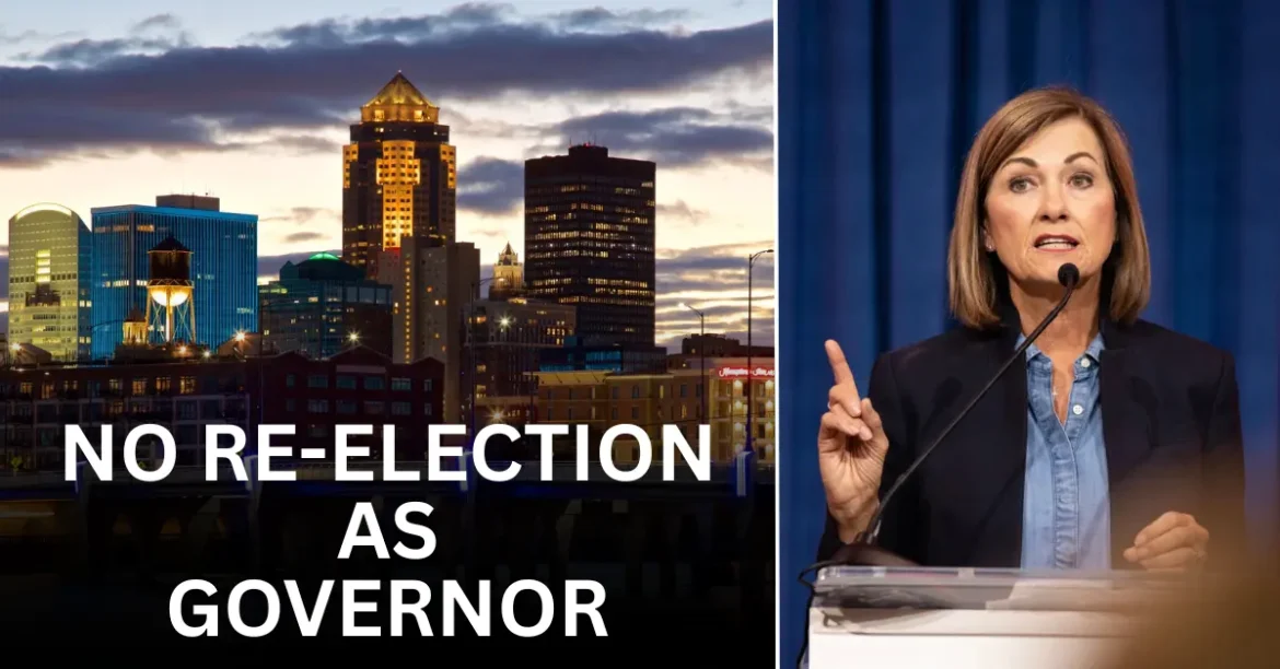 Kim Reynolds announces no re-election as Governor in 2026 against the backdrop of Des Moines cityscape.