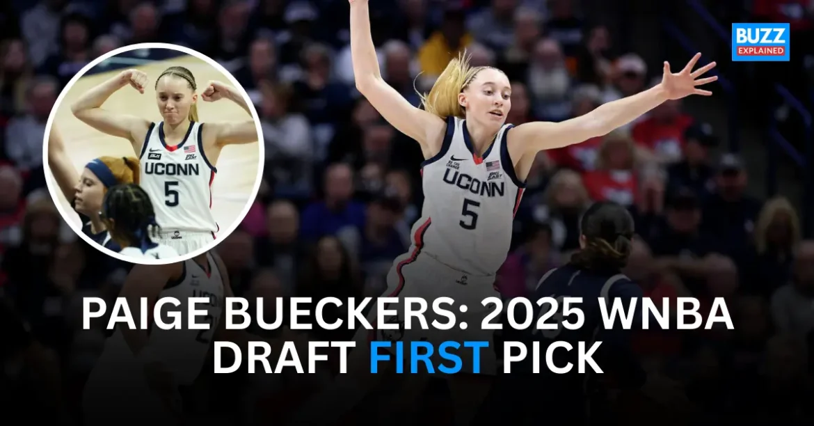 Paige Bueckers in action during a UConn basketball game, highlighting her selection as the first pick in the 2025 WNBA Draft by Dallas Wings.