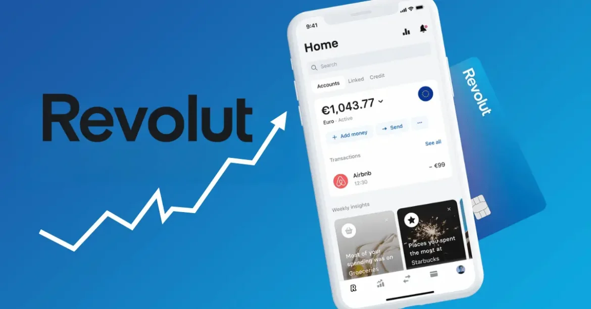 Revolut: app interface and blue Revolut card.