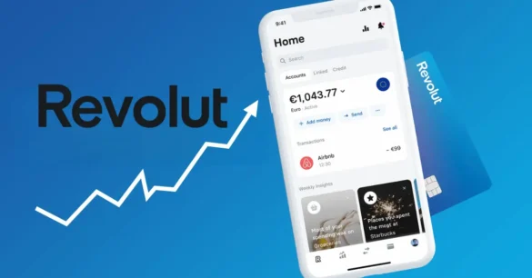 Revolut: app interface and blue Revolut card.