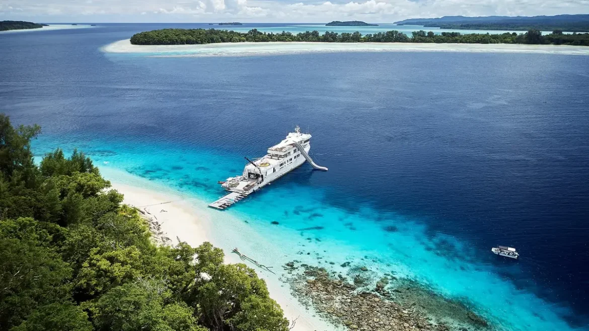 Aerial view of tropical archipelago, highlighting the Tsunami Warning Papua New Guinea.