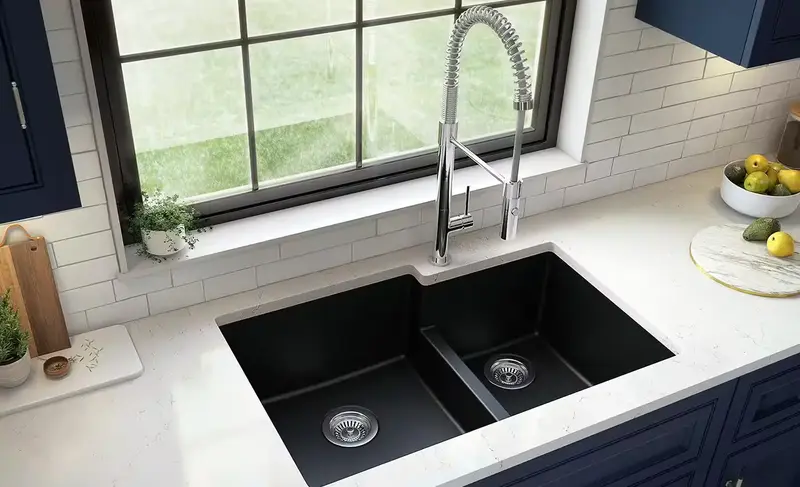 What is a deep sink: double-basin deep kitchen sink with modern faucet.