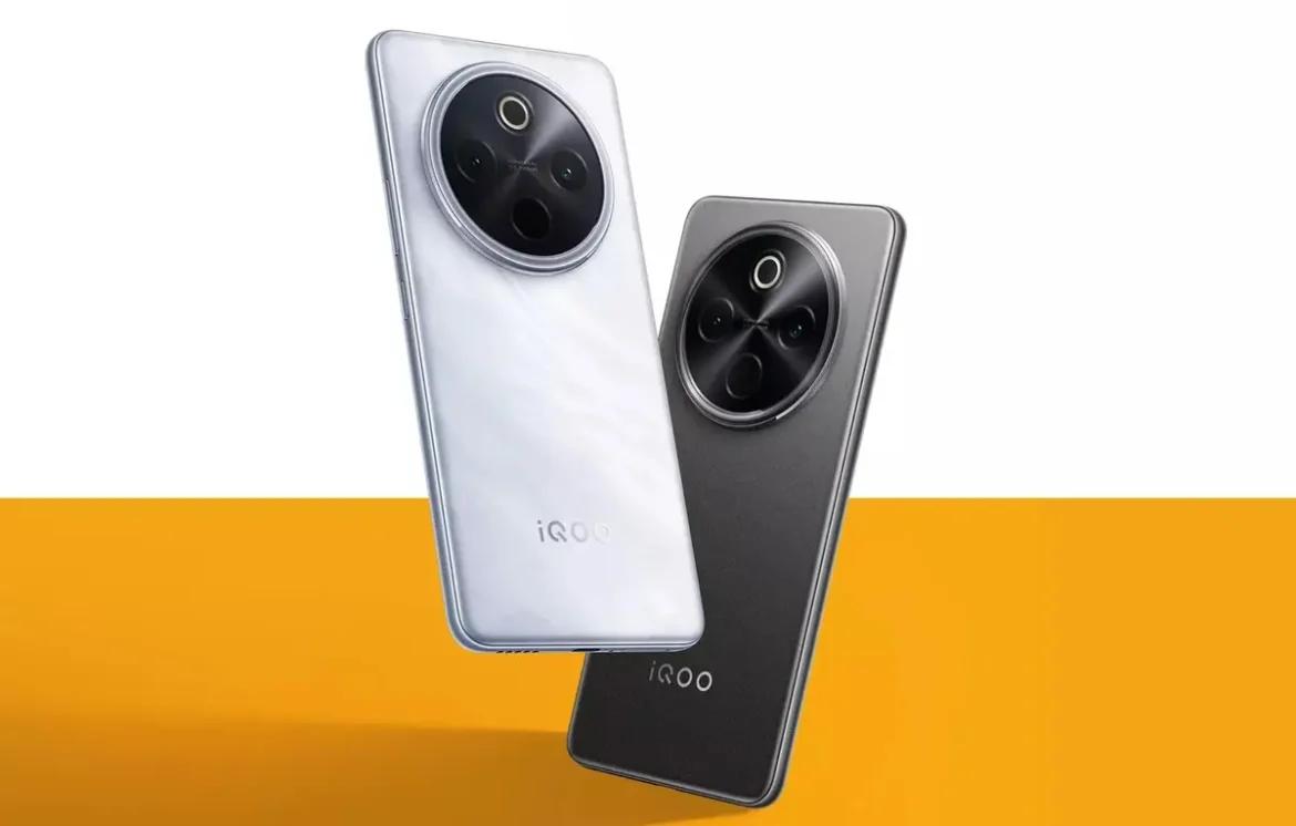 Two iQOO smartphones, iQOO Z10 in white with a glossy finish and iQOO Z10x in black with a matte finish, featuring large circular camera modules.