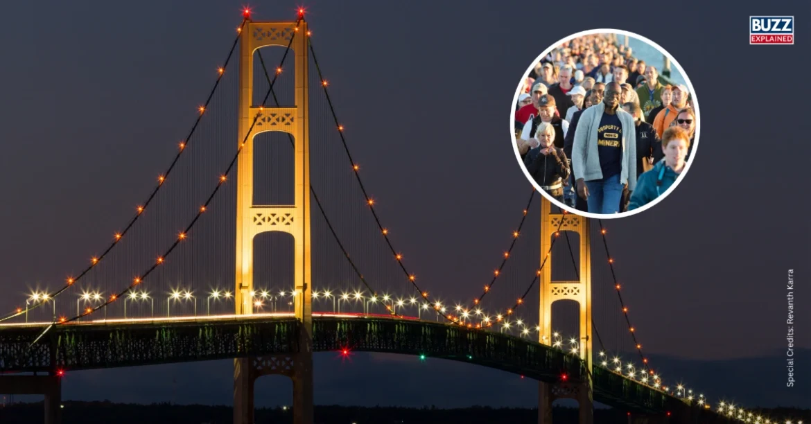 Mackinac Bridge illuminated at night with walking event crowd inset, Image Credits: Mackinac Bridge Authority