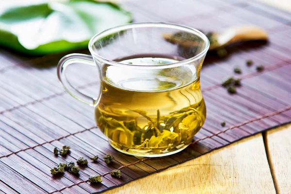 What is the tea used in Chinese restaurants: oolong tea in glass cup with loose leaves.