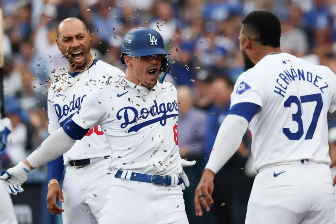 Dodgers player celebrating on the field with confetti, highlighting the phillies score.