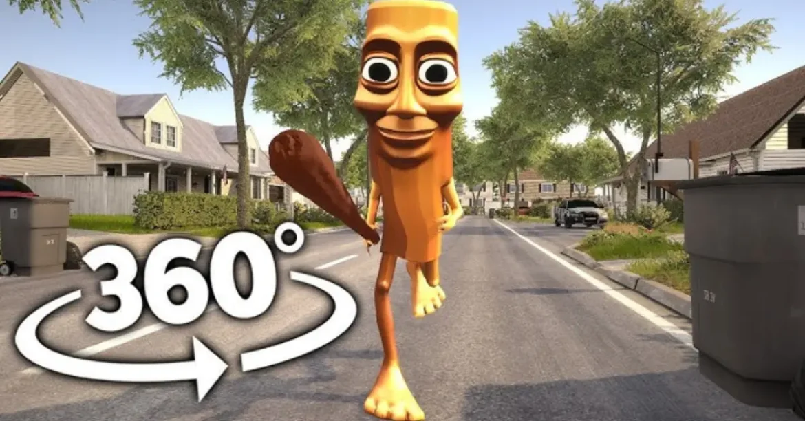 Tung tung tung sahur: meme character walking with bat on suburban street.