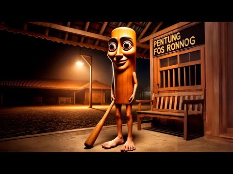 Tung tung tung sahur: wooden log meme character with bat at night shelter.