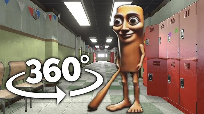 Tung tung tung sahur: meme character with bat in school hallway 360 scene.