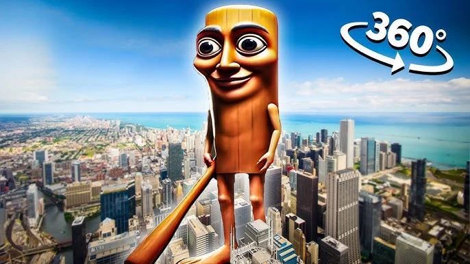 Tung tung tung sahur: giant meme character with bat above city skyline.