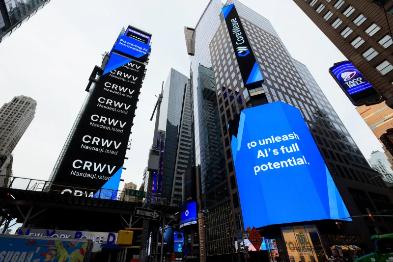 CoreWeave: Nasdaq IPO signage in Times Square.