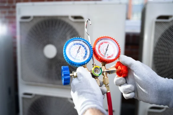 Gloved hands holding AC manifold gauges near air conditioner to check and identify refrigerant type.