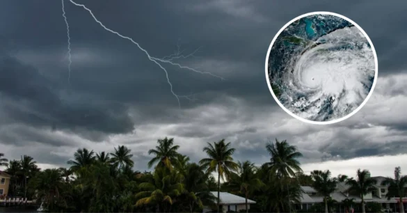 Hurricane Melissa lightning storm over palm trees, inset shows storm satellite, Image Credits (Getty Images)
