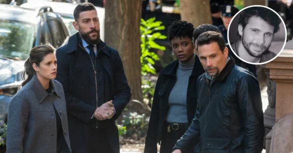 Group of people on outdoor set and one person in a highlighted portrait, linked to Jeremy Sisto drama.