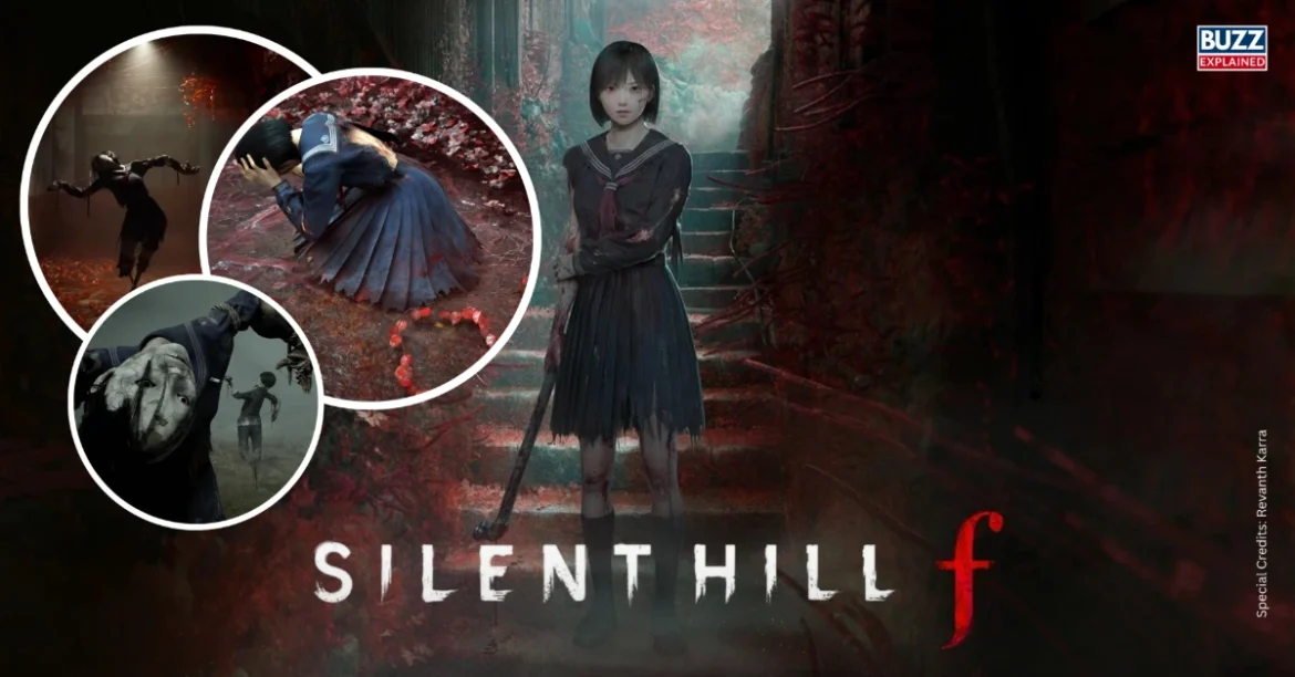 Silent Hill f protagonist in blood-stained school uniform with eerie monster concepts, Image Credits - Konami Digital Entertainment