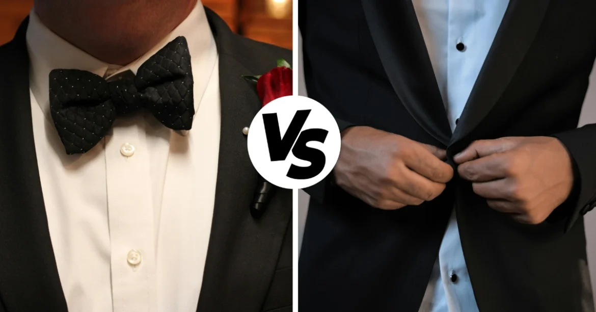 Difference between tuxedo and dinner suit, side by side comparison, image credits: Gift Habeshaw / Emily Studer / Unsplash