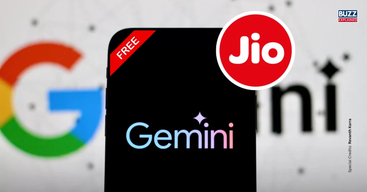 Free Jio Google Gemini Offer graphic with black background, Gemini logo, Jio emblem, and Buzz Explained watermark. Image Credits: Google / Reliance Jio