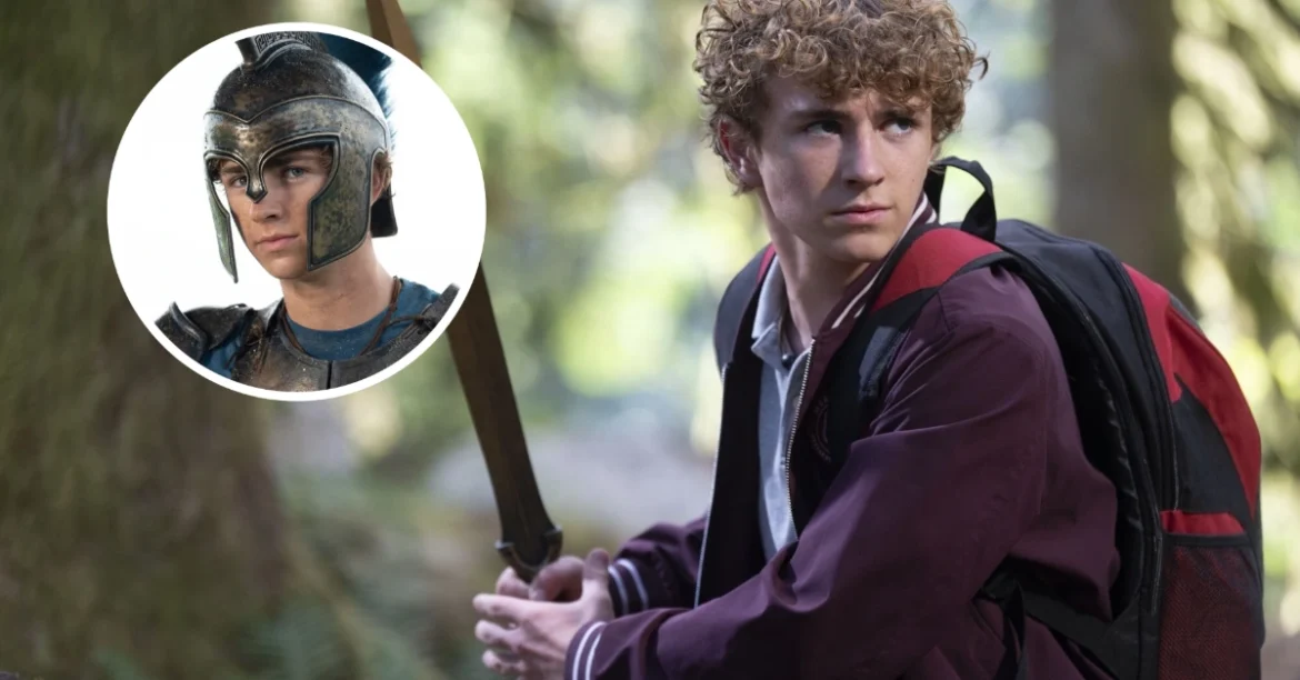Percy Jackson in the forest with sword and backpack, Disney+ series.