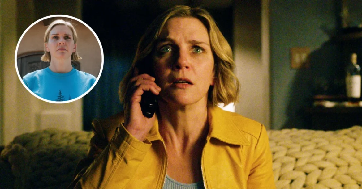 Pluribus series scene, main character in yellow jacket on phone, with inset showing same woman in blue shirt. Special credits: Apple TV+