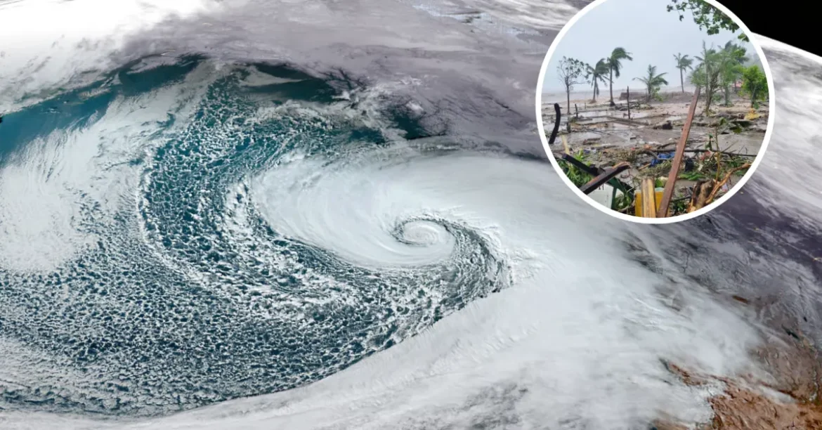 Super Typhoon satellite image swirling over ocean; inset shows severe coastal destruction and flooding aftermath. Image Credits: Handout via Xinhua / satlib.cira.colostate.edu