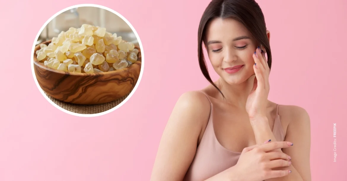 Gond Katira (Tragacanth gum) edible crystals in bowl and a woman with glowing skin. Image Credits: FREEPIK