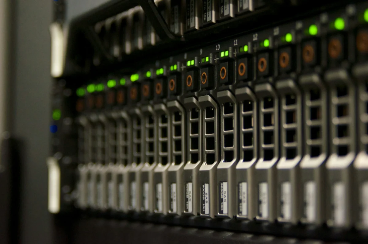 Rows of server racks inside a data center